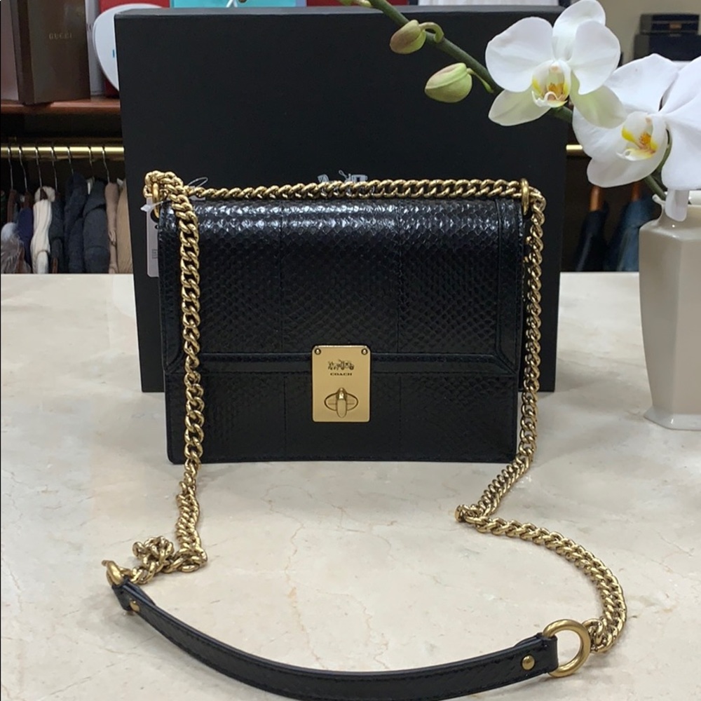 LAST COACH HUTTON GENUINE SNAKESKIN SHOULDER HANDBAG IN BLACK/CHUNKY GOLD CHAIN - Picture 13 of 16